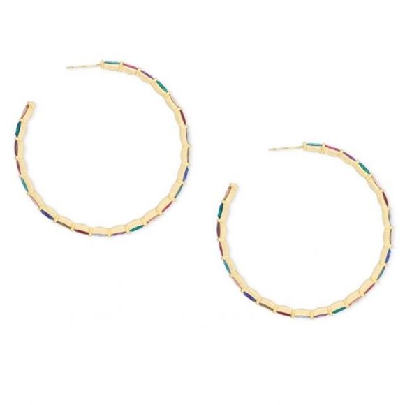 Kendra Scott Multi Color Baguette Crystal Gold Tone Hoop Statement Earrings - Picture 3 of 4